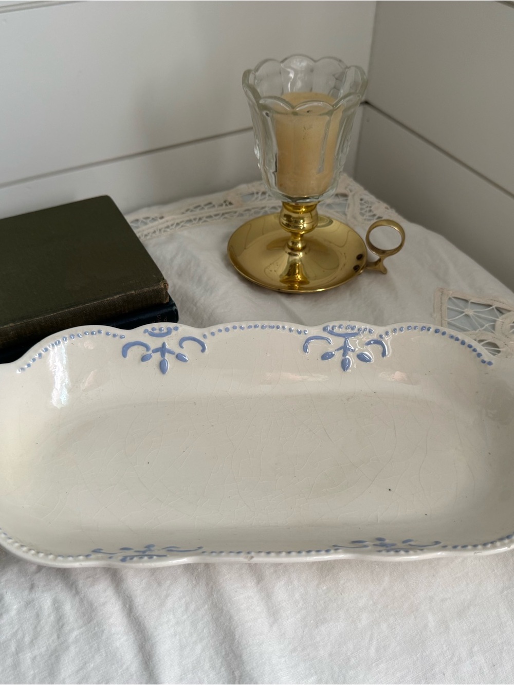 White Ceramic Serving Platter with Blue Decorative Trim